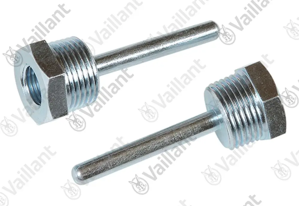 Zwei metallische Halter von Vaillant mit Außengewinde und senkrechtem Stift, möglicherweise für NTC-Sensoren oder ähnliche Anwendungen.